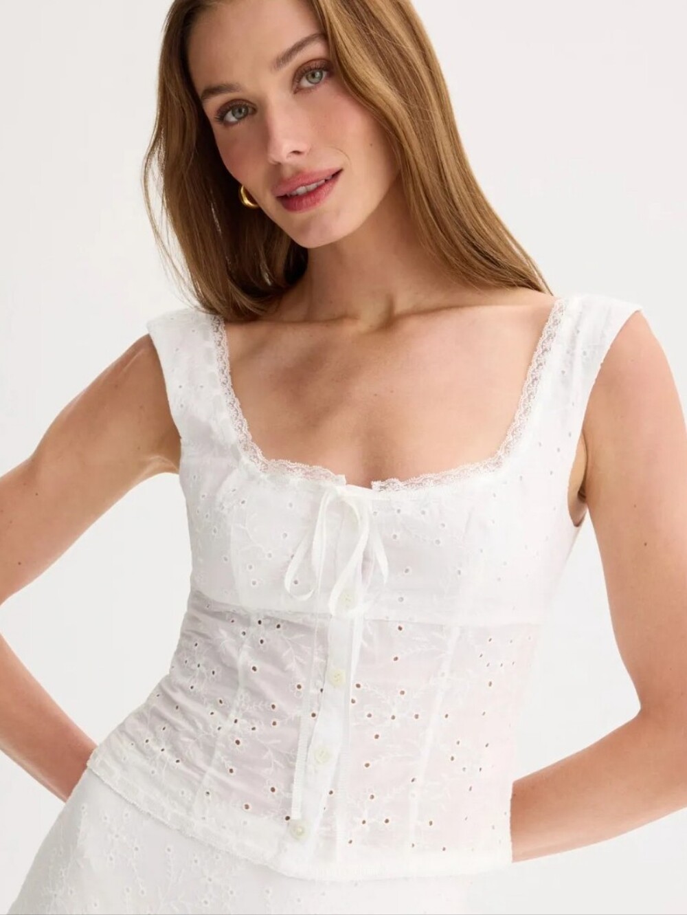 STAUD White Eyelet Corset-Style Lace Trim Top